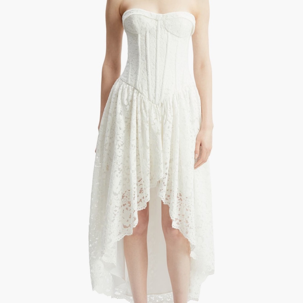 Bardot Strapless White Lace High-Low Dress
